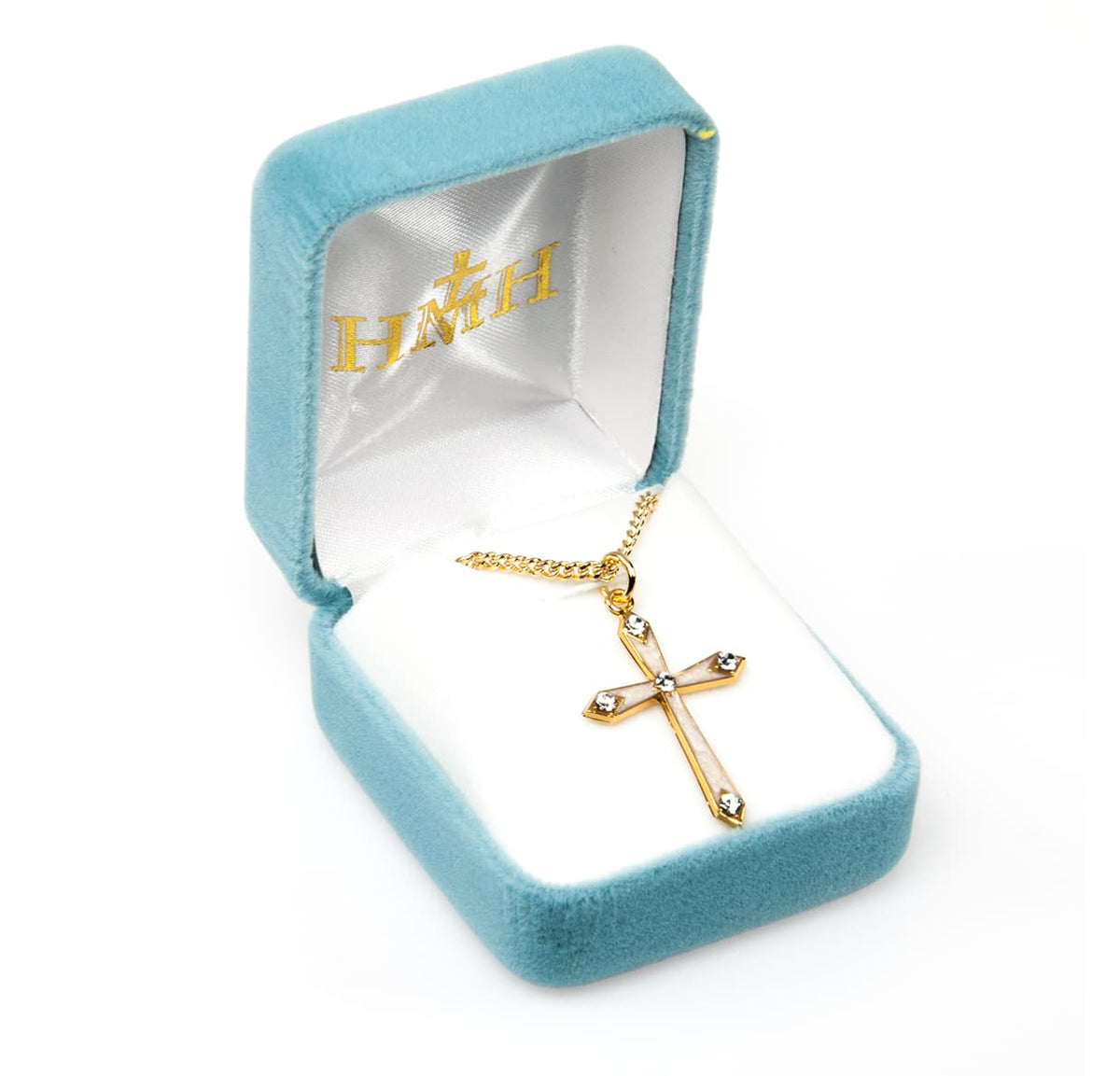 HMH Religious Pearl Enameled w/5 Crystals Gold/Sterling Cross in Gift Box,