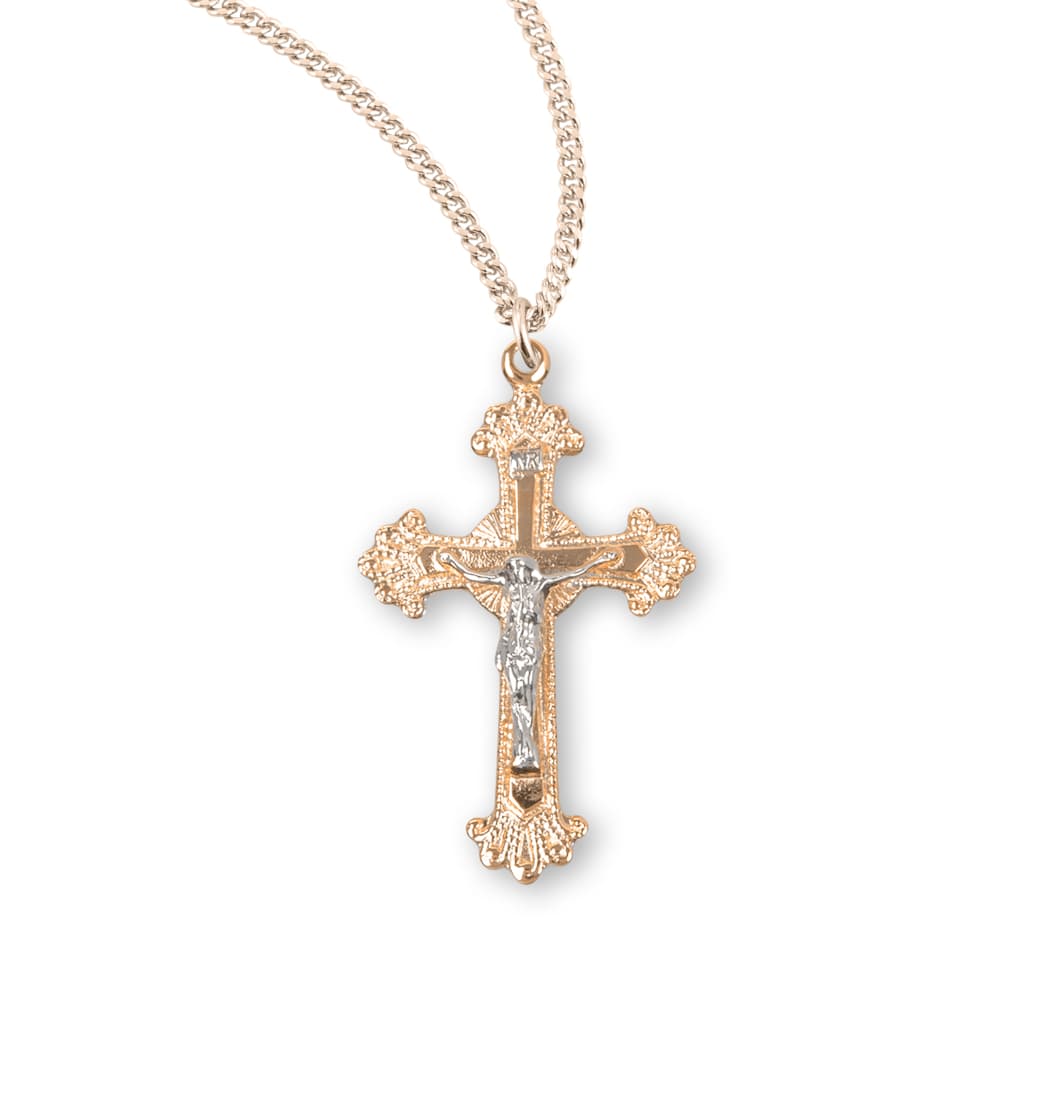 HMH Religious Gold Engraved Two Toned Flare Design Crucifix Necklace,