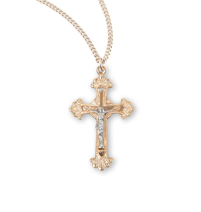 Gold Engraved Two Toned Flare Design Crucifix Necklace, HMH Religious