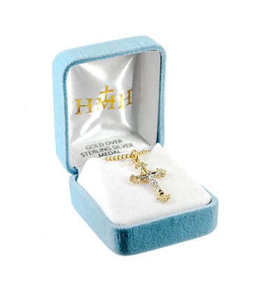 Gold Engraved Two Toned Flare Design Crucifix Necklace in a Gift Box, HMH Religious