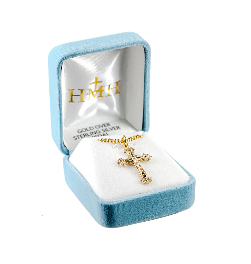 HMH Religious Gold/Sterling Flare Design Crucifix Necklace in Gift Box,