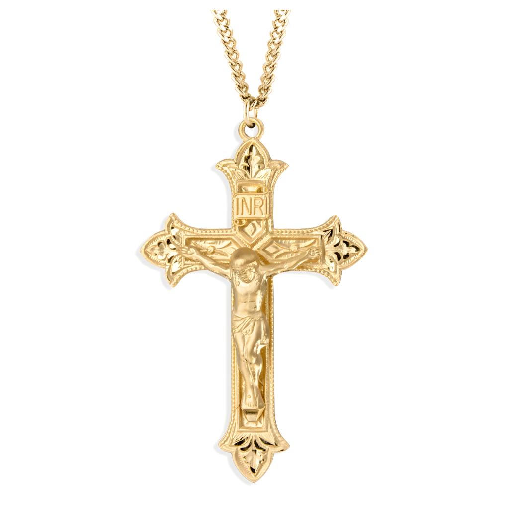 Gold over Sterling Silver Fluer de Lis Tip Crucifix with 24" gold-plated chain