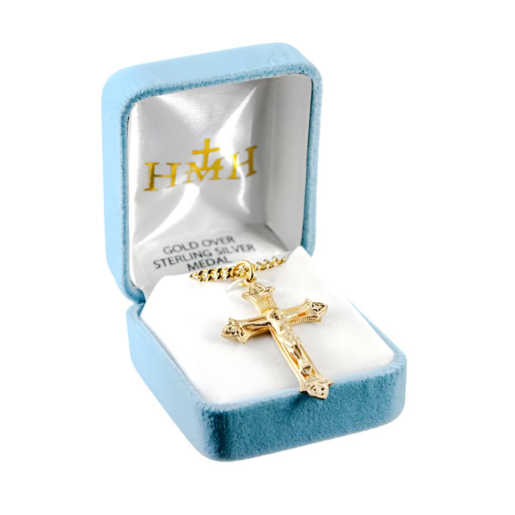 Gold over Sterling Silver Fluer de Lis Tip Crucifix with 24" gold-plated chain in gift box