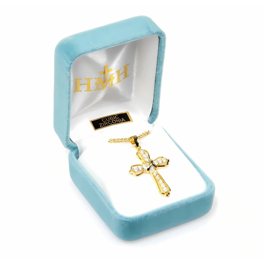 Celtic Knots Gold-Sterling Silver Cross with Cubic Zirconia in gift box, HMH Religious
