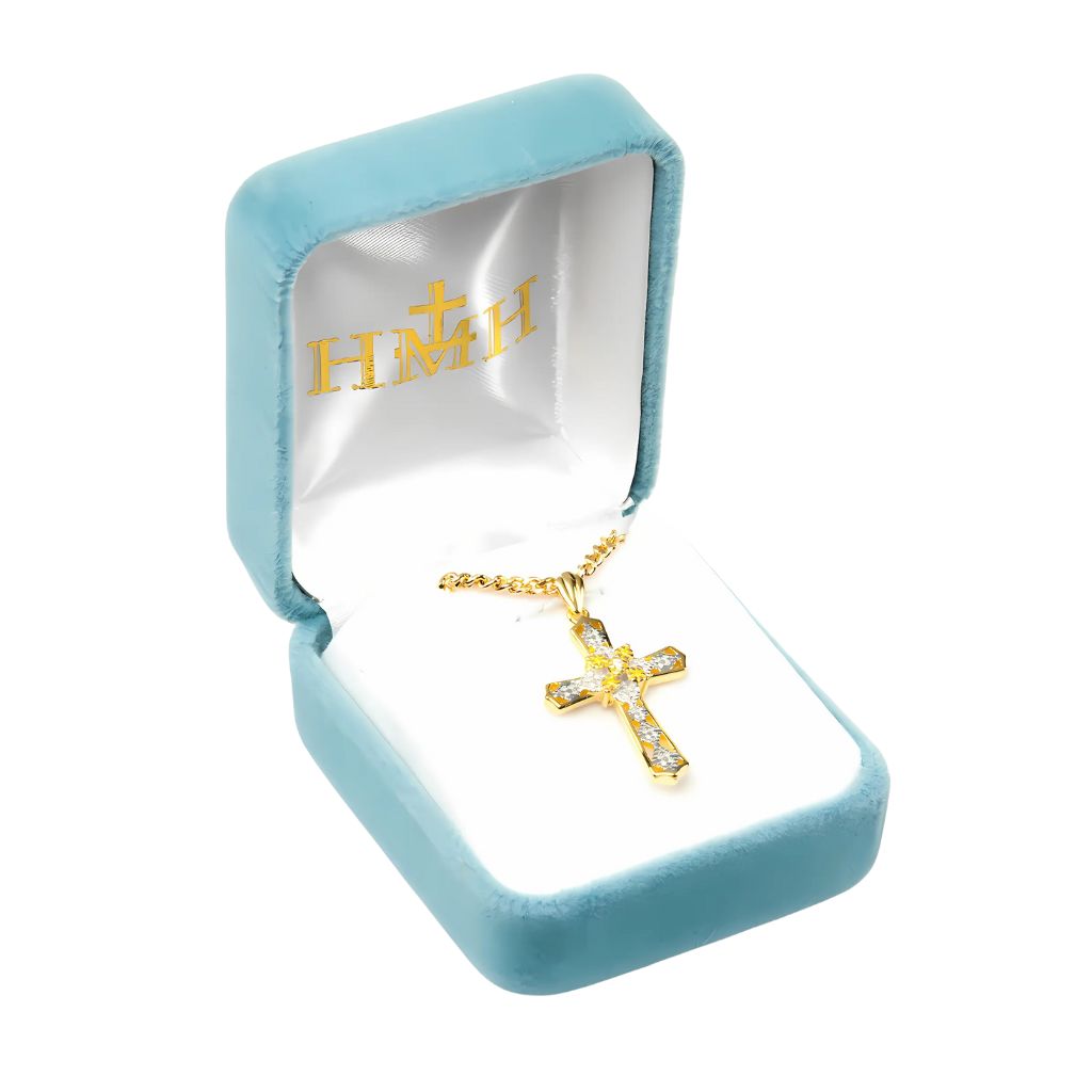 Elegant Gold-Sterling Silver Cross with Cubic Zirconia with Gold-plated Chain in Gift Box, HMH Religious