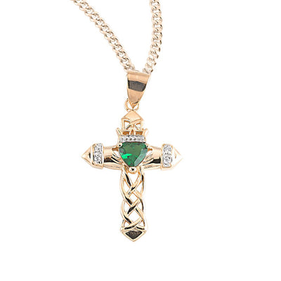 Irish Celtic Gold-Sterling Silver Emerald Cross with Zirconia with 18" Gold-plated Chain, HMH Religious