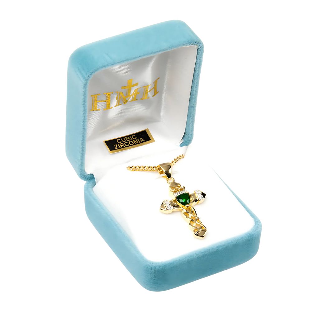 Irish Celtic Gold-Sterling Silver Emerald Cross with Zirconia in Gift Box