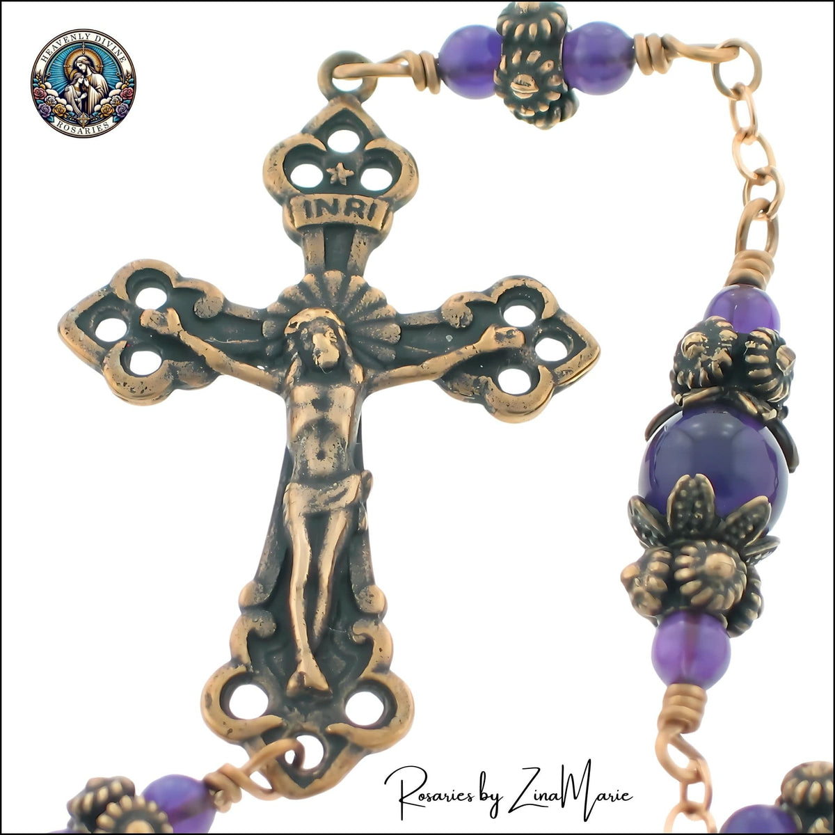 Trinity Decor – 1-3/4 Crucifix Shown Bronze Heart Amethyst Pocket Rosary Wire-Wrapped Rosary by Zina Marie