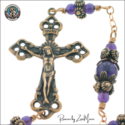 Trinity Decor, 1-3/4 Crucifix Shown Bronze Heart Amethyst Pocket Rosary Wire-Wrapped Rosary by Zina Marie, Heavenly Divine Rosaries