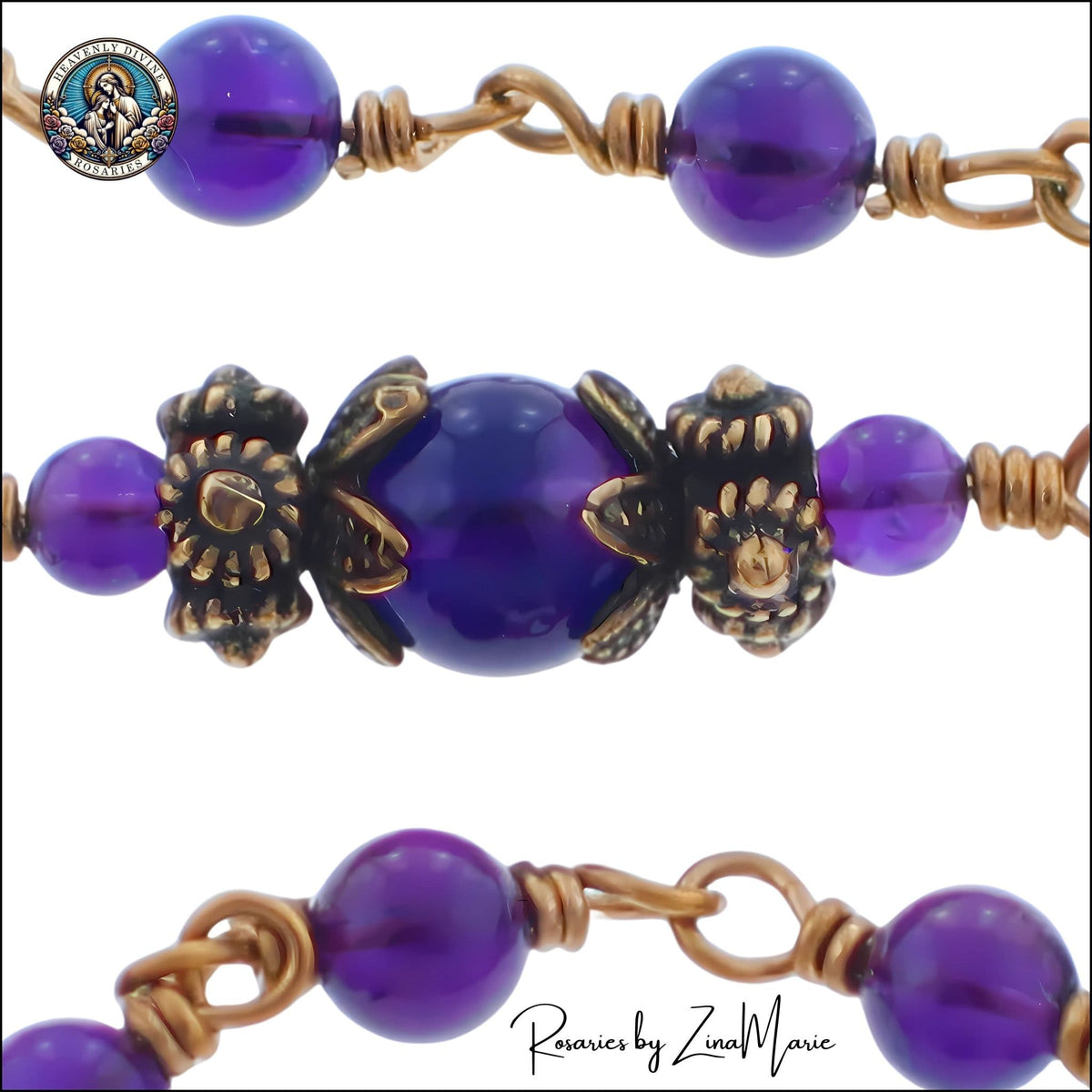 Beads Shown Bronze Heart Amethyst Pocket Rosary Wire-Wrapped Rosary by Zina Marie