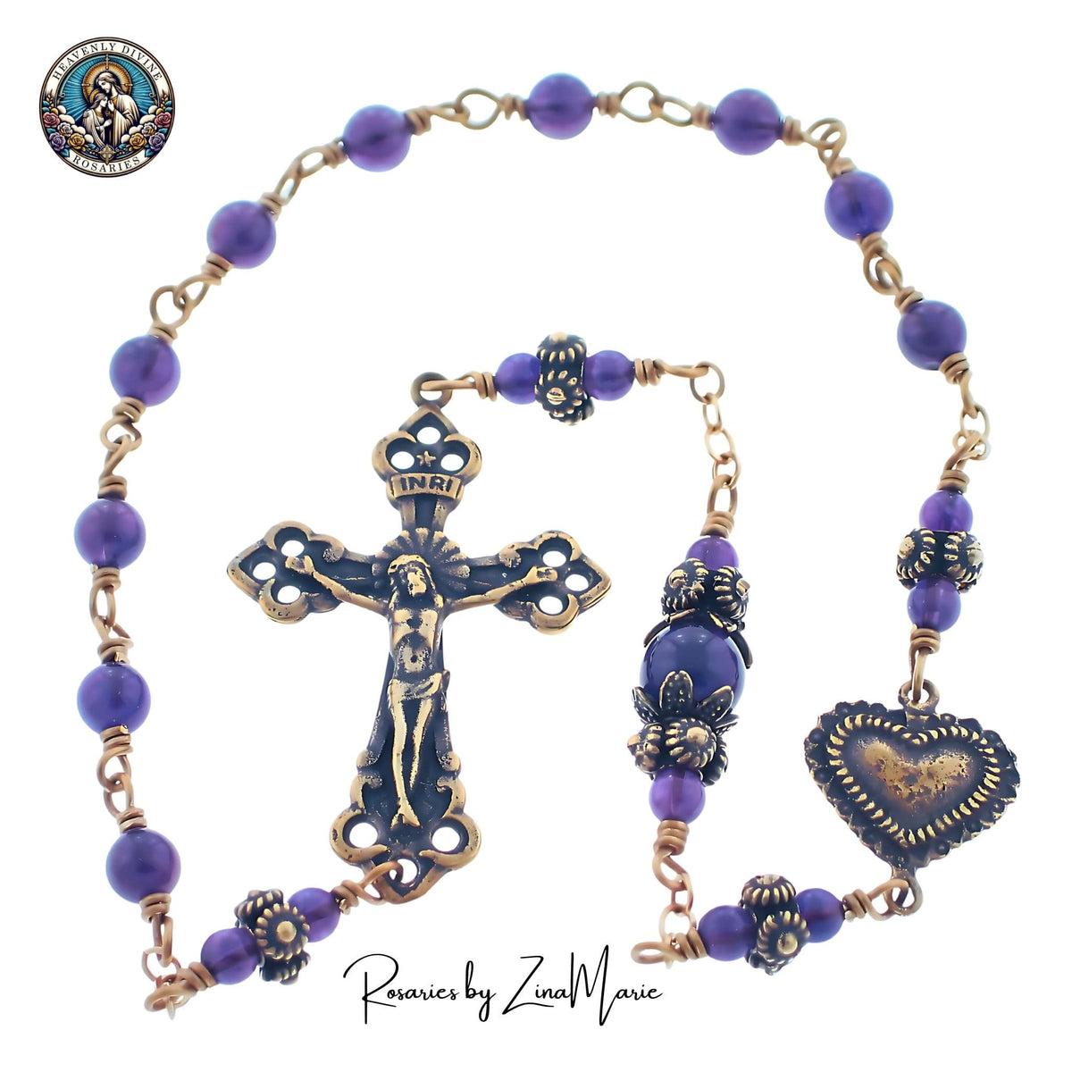 Heavenly Divine Rosaries Handmade Bronze Heart Amethyst Pocket Rosary Wire-Wrapped Rosary by Zina Marie