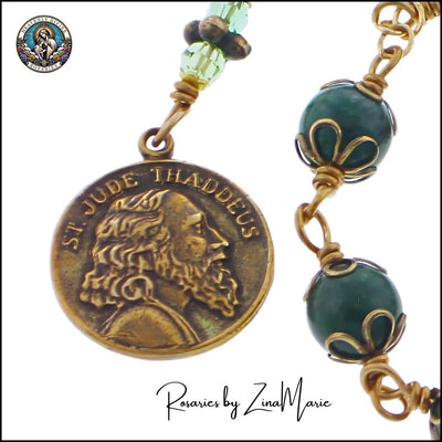 Bronze wire-wrapped African green jade and crystal St. Jude 9 Bead Chaplet made by Zina Marie with logo, Heavenly Divine Rosaries