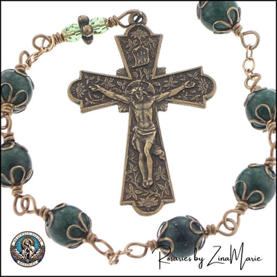 Handmade wire-wrapped African green jade and crystal St. Jude 9 Bead Chaplet made by Zina Marie with logo, bronze / sterling silver, Heavenly Divine Rosaries