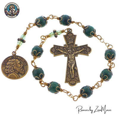 Handmade bronze wire-wrapped African green jade and crystal St. Jude 9 Bead Chaplet made by Zina Marie with logo, Heavenly Divine Rosaries