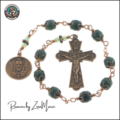 Handmade St. Jude African Jade & Crystal 9 Bead Chaplet by Zina Marie, bronze / sterling silver, Heavenly Divine Rosaries