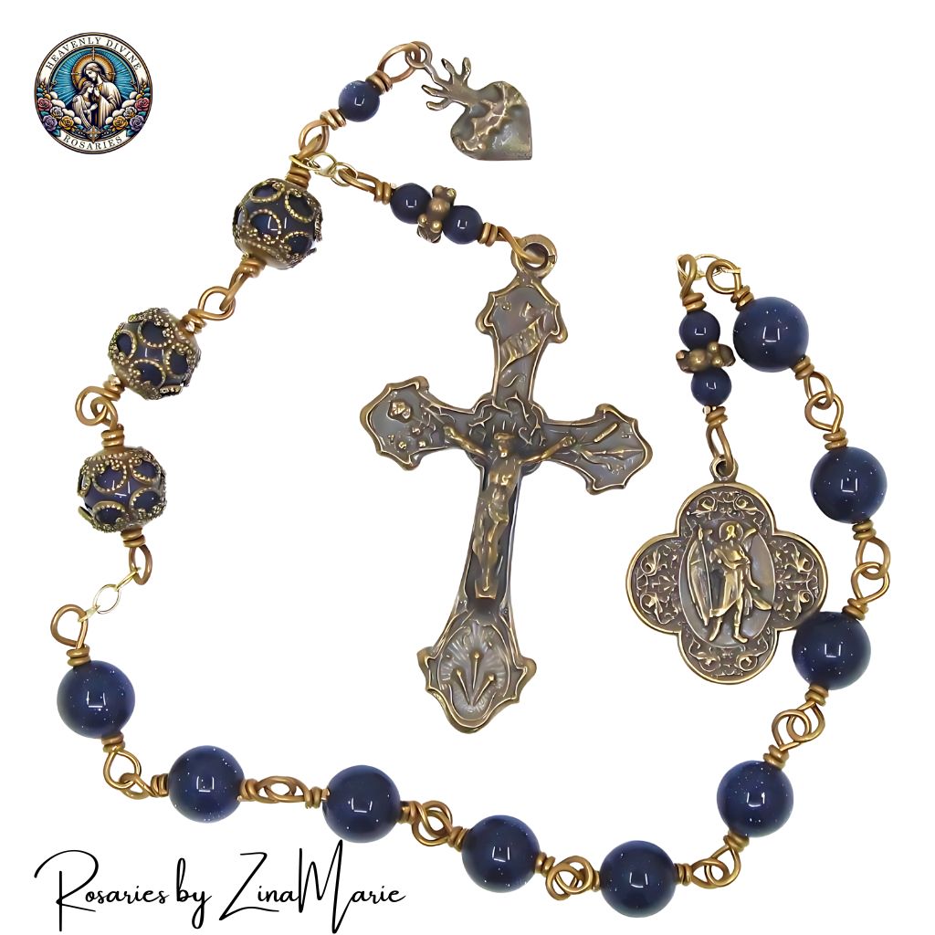 Bronze St. Raphael Archangel 8mm Galaxy Star Blue Sandstone 12 Bead Prayer Chaplet by Zina Marie,