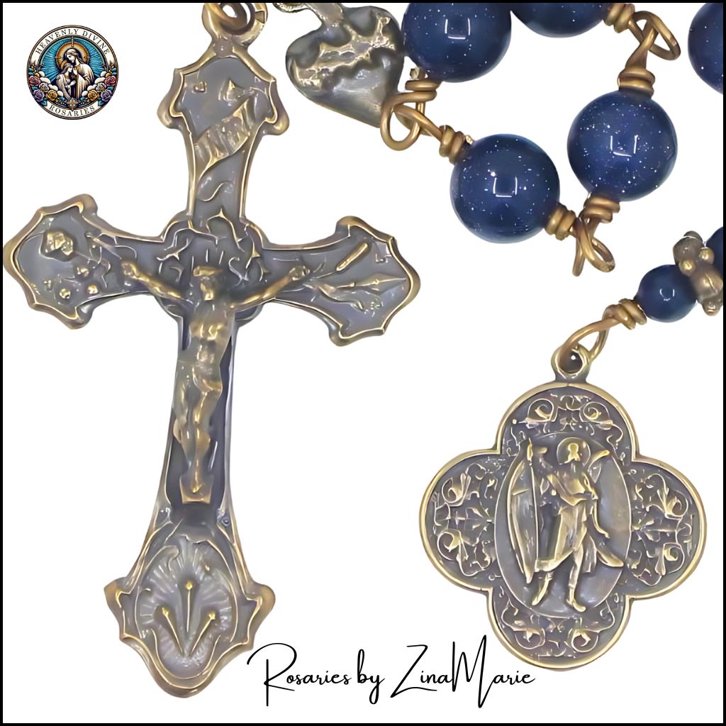 St. Raphael Archangel 8mm Galaxy Star Blue Sandstone 12 Bead Prayer Chaplet by Zina Marie, Bronze Medal and Crucifix,