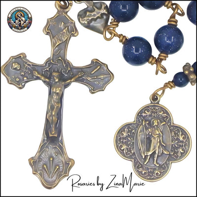 St. Raphael Archangel 8mm Galaxy Star Blue Sandstone 12 Bead Prayer Chaplet by Zina Marie, Bronze Medal and Crucifix, Heavenly Divine Rosaries