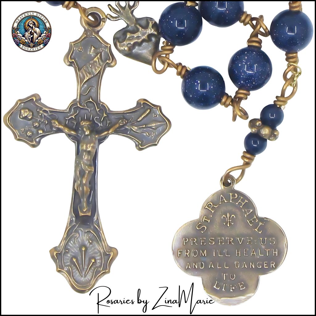 St. Raphael Archangel 8mm Galaxy Star Blue Sandstone 12 Bead Prayer Chaplet by Zina Marie, Bronze Crucifix and Back of Medal,