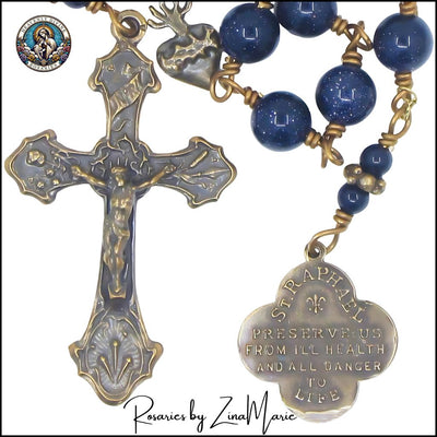St. Raphael Archangel 8mm Galaxy Star Blue Sandstone 12 Bead Prayer Chaplet by Zina Marie, Bronze Crucifix and Back of Medal, Heavenly Divine Rosaries