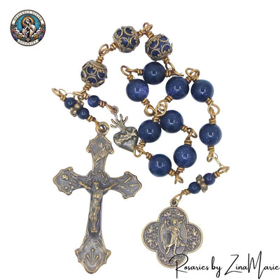 St. Raphael Archangel 8mm Galaxy Star Blue Sandstone 12 Bead Prayer Chaplet by Zina Marie at in the USA, bronze / sterling silver, Heavenly Divine Rosaries