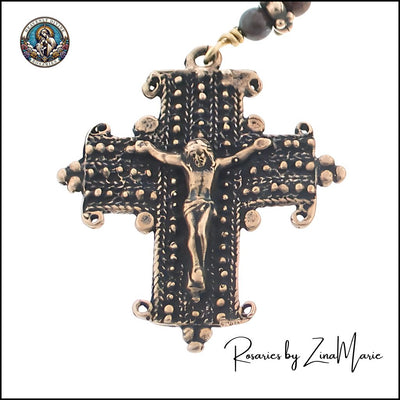 St. Benedict Chaplet, handmade in the USA. Featuring bronze crucifix medal with wire-wrapped with brass wire, available in Bronzite, African Green Jade, Black Onyx, Heavenly Divine Rosaries