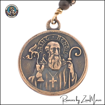 St. Benedict Chaplet, handmade in the USA. Featuring bronze front of St. Benedict medal with wire-wrapped with brass wire, available in Bronzite, African Green Jade, Black, Heavenly Divine Rosaries