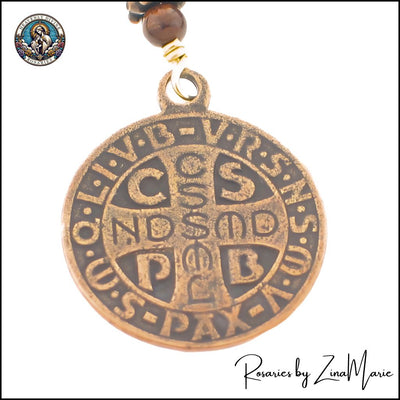 St. Benedict Chaplet, handmade in the USA. Featuring bronze back of St. Benedict medal with wire-wrapped with brass wire, available in Bronzite, African Green Jade, Black, Heavenly Divine Rosaries