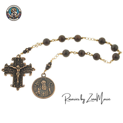St. Benedict Chaplet, handmade in the USA. Featuring 8mm Bronzite beads wire-wrapped with brass wire, bronze / sterling silver, Heavenly Divine Rosaries
