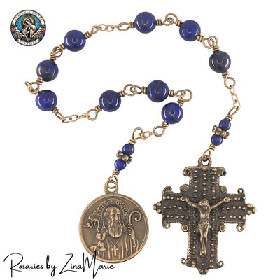 Handmade St. Benedict 9 Bead Chaplet by Zina Marie, 8mm Lapis Lazuli Beads and Bronze Medals, Heavenly Divine Rosaries