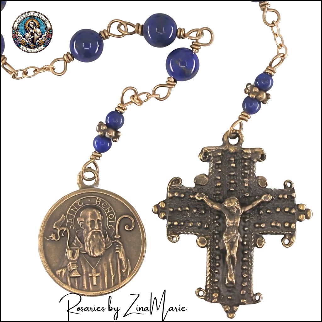 Handmade St. Benedict 9 Bead Chaplet by Zina Marie, 8mm Lapis Lazuli Beads and Bronze St Benedict and Crucifix Medal,
