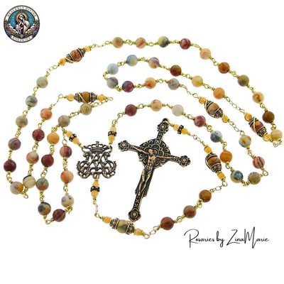 Handmade Crazy Lace Agate wire-wrapped bronze rosary with Renaissance crucifix, Heavenly Divine Rosaries