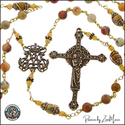 Handmade Renaissance Agate Wire-Wrapped Bronze Rosary with Crazy Lace Agate Beads with Mary and Jesus Crucifix, Heavenly Divine Rosaries