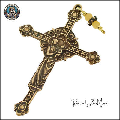 Back of the Crucifix Mary and Child Jesus on Handmade Agate Bronze Rosary, Heavenly Divine Rosaries