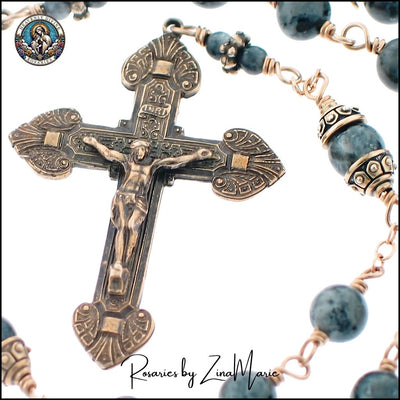 Handmade Holy Face of Jesus Labradorite Rosary with Bronze Crucifix, available in African Green Jade, Black Onyx, Bronzite, Heavenly Divine Rosaries
