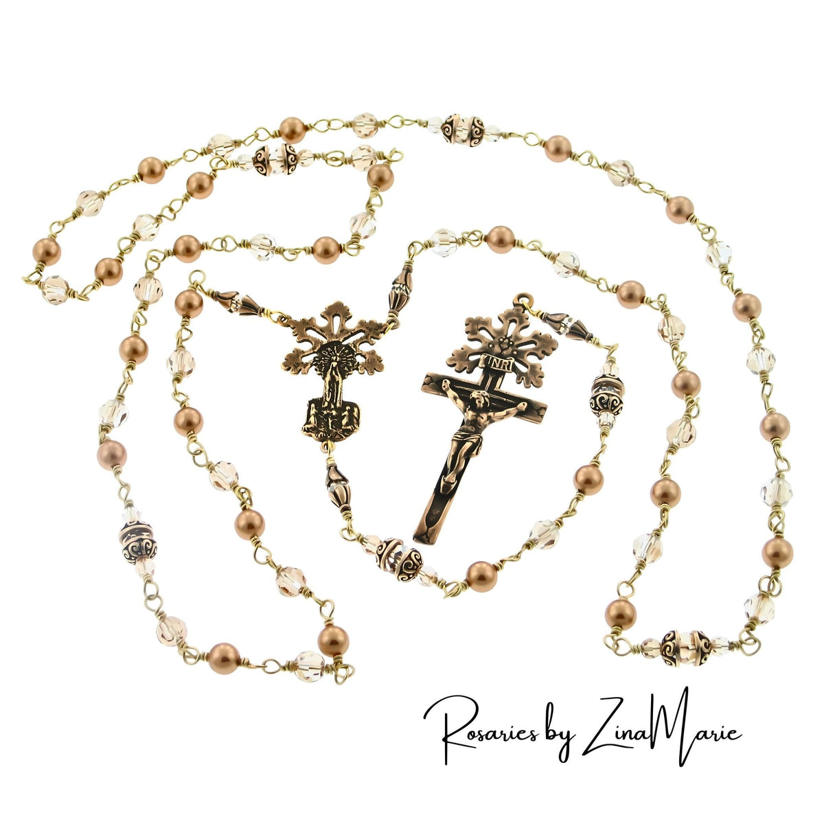 Our Lady of Fatima Bronze Bright Gold Crystal Pearl & Gold Shadow Crystal Rosary by Zina Marie