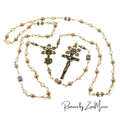Our Lady of Fatima Bronze Bright Gold Crystal Pearl & Gold Shadow Crystal Rosary by Zina Marie, Heavenly Divine Rosaries