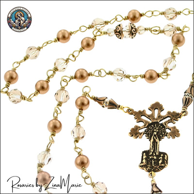 Radiant Ray Our Lady of Fatima Bronze Bright Gold Crystal Pearl & Gold Shadow Crystal Rosary with Fatima Centerpiece by Zina Marie, Heavenly Divine Rosaries