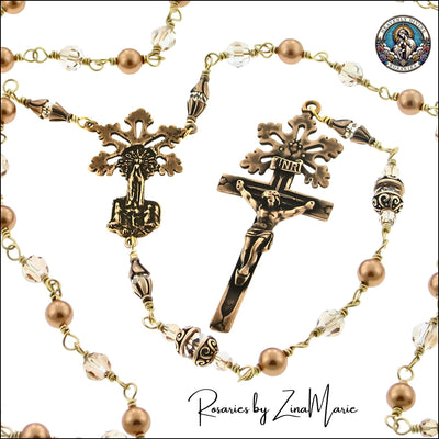Our Lady of Fatima Bronze Bright Gold Crystal Pearl & Gold Shadow Crystal Rosary with Fatima Centerpiece and Radiant Ray Crucifix by Zina Marie, Heavenly Divine Rosaries