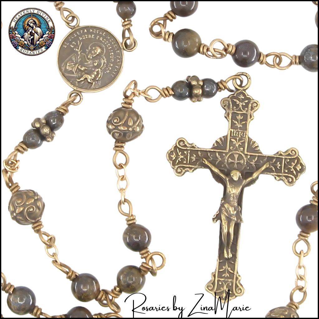 Heavenly Divine Rosaries Close up Look of the Handmade St. Joseph Bronzite Bronze Beads Rosary by Zina Marie
