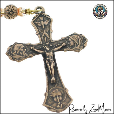 Handmade Bronze Agate Pocket Rosary with Holy Family Crucifix, Heavenly Divine Rosaries