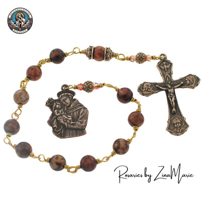 Wire-Wrapped Bronze Agate Crystal St. Anthony Pocket Rosary by Zina Marie, Heavenly Divine Rosaries