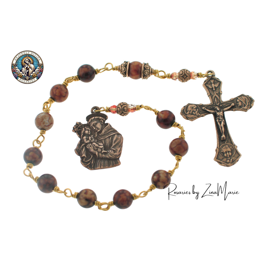 Wire-Wrapped Bronze Agate & Crystal St. Anthony Pocket Rosary by Zina Marie,