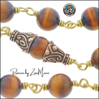 St. Christopher Tigereye Pocket Rosary, bronze / sterling silver, Heavenly Divine Rosaries