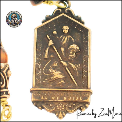 St. Christopher Tigereye Pocket Rosary in Bronze with Child Jesus, Heavenly Divine Rosaries