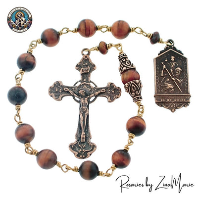 St. Christopher Tigereye Pocket Rosary in Bronze, Heavenly Divine Rosaries