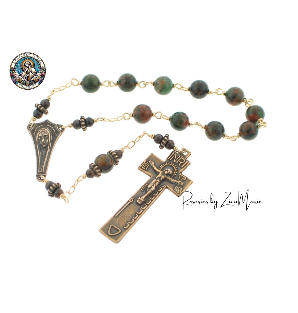 Handmade Bronze Irish Penal Madonna Green Opal Wire-Wrapped Pocket Rosary by Zina Marie,