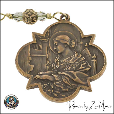 Handmade 8mm Green Opal Pocket Rosary with Bronze Front of St. Cecilia Medal by Zina Marie, Heavenly Divine Rosaries