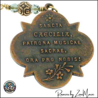Handmade 8mm Green Opal Pocket Rosary with Bronze Back of St. Cecilia Medal by Zina Marie, Heavenly Divine Rosaries