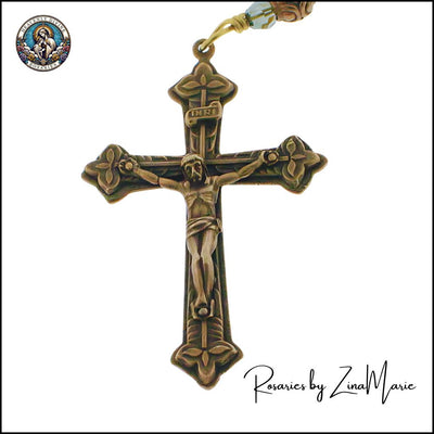 Handmade St. Cecilia 8mm Green Opal Pocket Rosary with Bronze Flared Crucifix Medal by Zina Marie, Heavenly Divine Rosaries